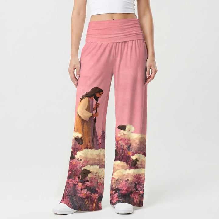 Pantalon large pour femme Christianartworkshop, taille haute élastique repliable, motif pastoral, berger, Jésus, champ floral, dessin animé, style décontracté et religieux - image 1