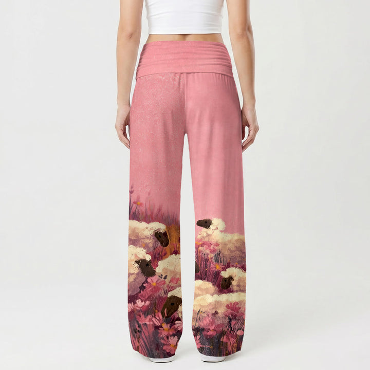 Pantalon large pour femme Christianartworkshop, taille haute élastique repliable, motif pastoral, berger, Jésus, champ floral, dessin animé, style décontracté et religieux - image 2