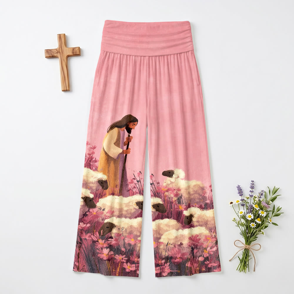 Pantalon large pour femme Christianartworkshop, taille haute élastique repliable, motif pastoral, berger, Jésus, champ floral, dessin animé, style décontracté et religieux - US22, UK/AU26, EU54 (6XL) - image 0