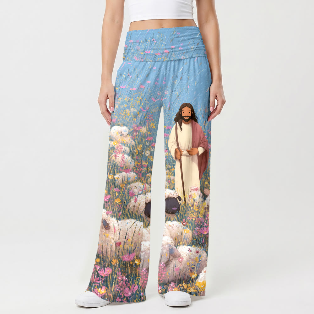Christianartworkshop Bon Berger Jésus Multicolore Fleurs sauvages Ciel bleu clair Dessin animé Imprimé à l'huile Pantalon large stretch taille haute pour femme - image 1