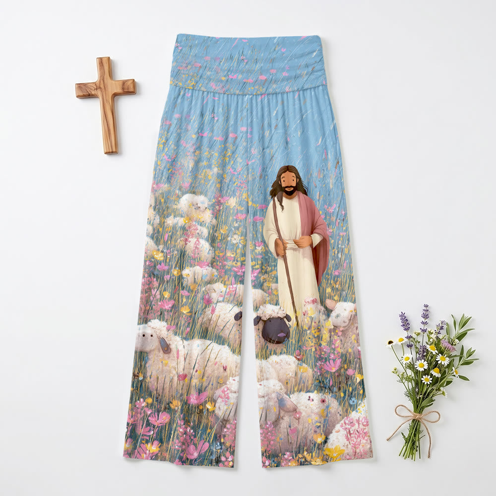 Christianartworkshop Bon Berger Jésus Multicolore Fleurs sauvages Ciel bleu clair Dessin animé Imprimé à l'huile Pantalon large stretch taille haute pour femme - US22, UK/AU26, EU54 (6XL) - image 0
