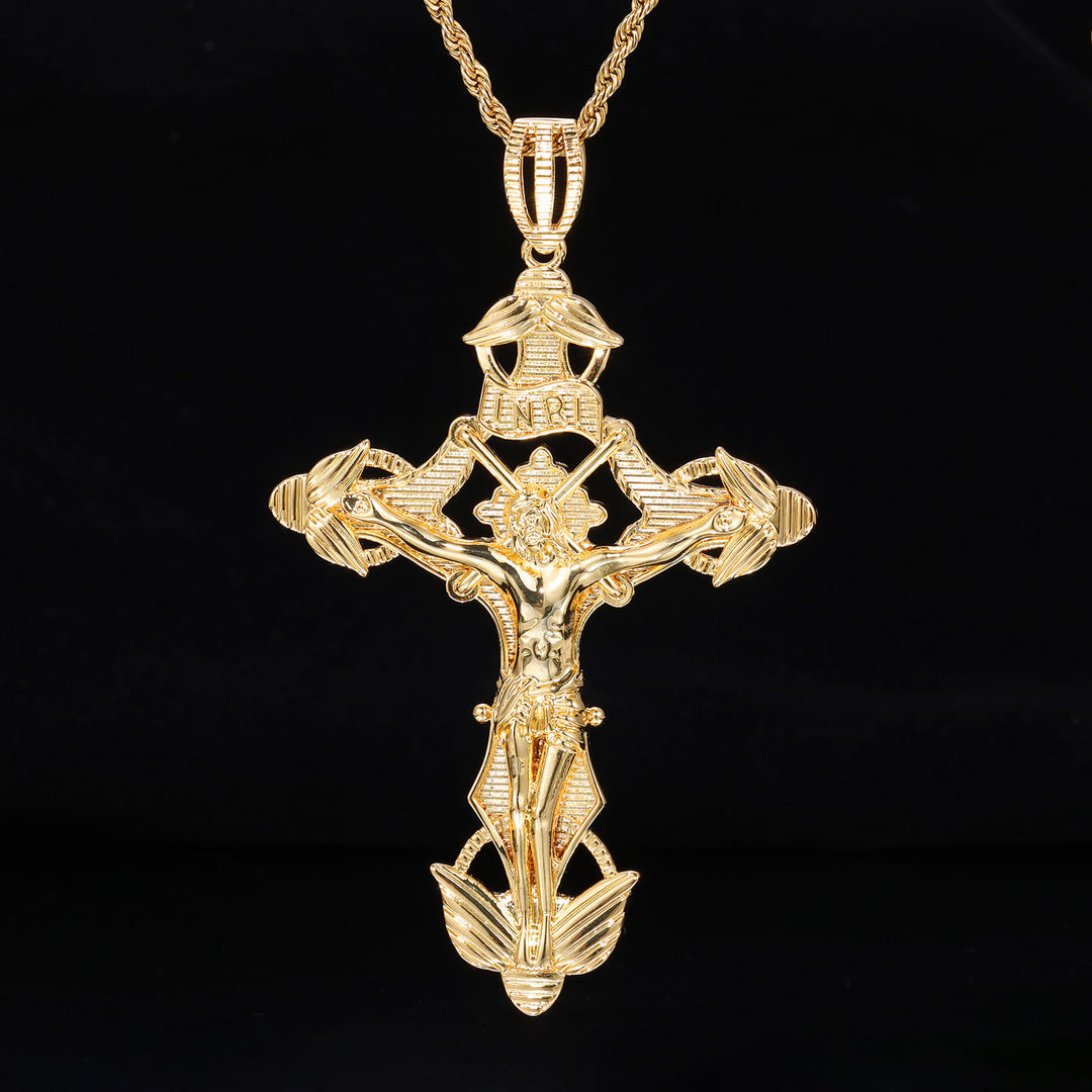 Christianartworkshop Collier en corde avec crucifix ailé finement sculpté : symbole gracieux de la douce miséricorde céleste - Doré - image 0