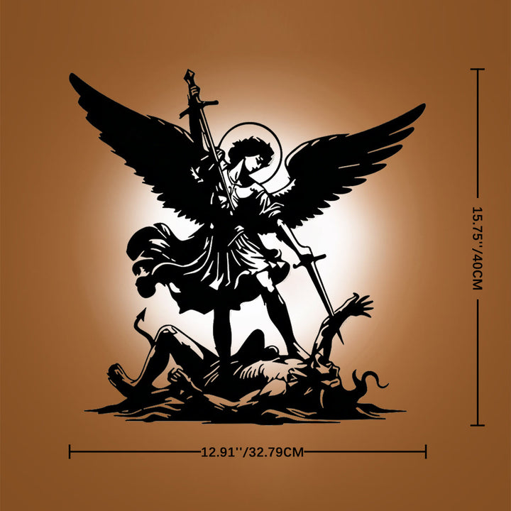Christianartworkshop Décoration murale en métal représentant la silhouette de l'archange Saint Michel terrassant le mal : emblème intemporel de la victoire spirituelle sacrée - 15,75''*12,91''*0,04''/40cm*32,79cm*0,1cm - image 5