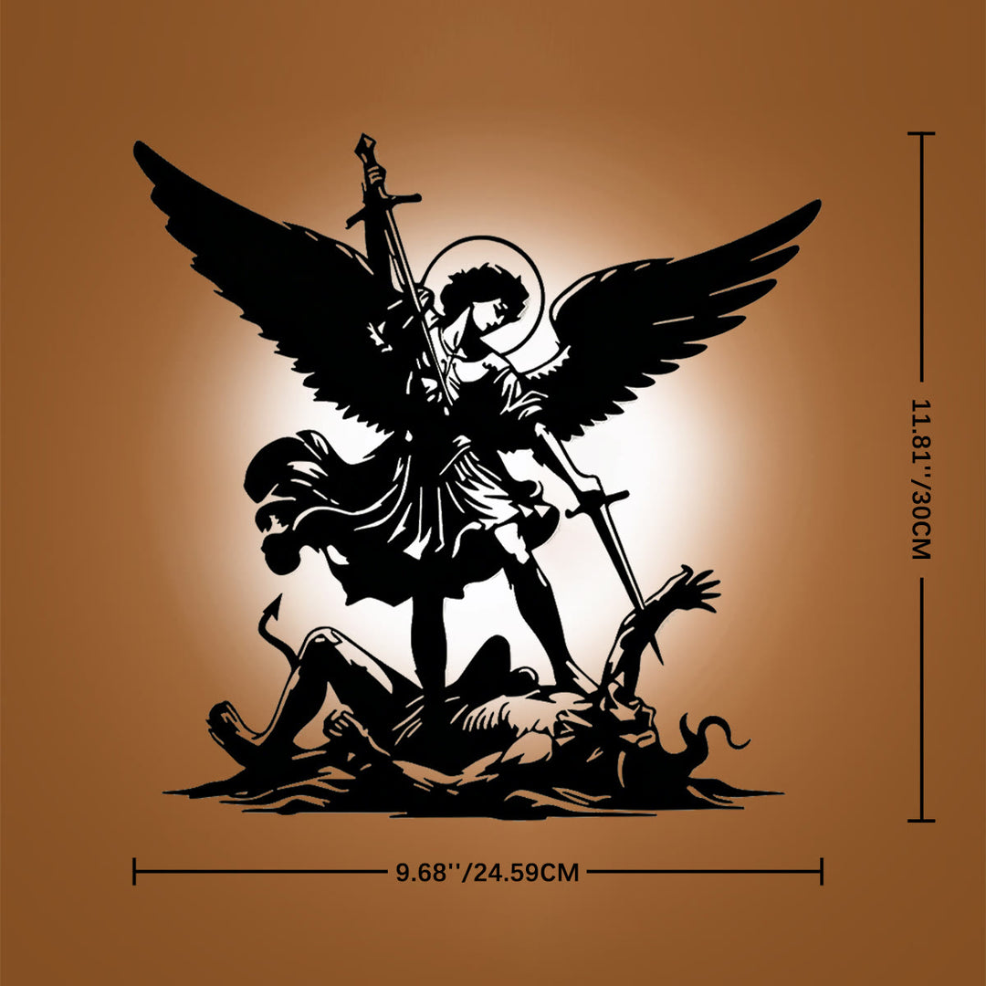 Christianartworkshop Décoration murale en métal représentant la silhouette de l'archange Saint Michel terrassant le mal : emblème intemporel de la victoire spirituelle sacrée - 11,81''*9,68''*0,04''/30cm*24,59cm*0,1cm - image 4