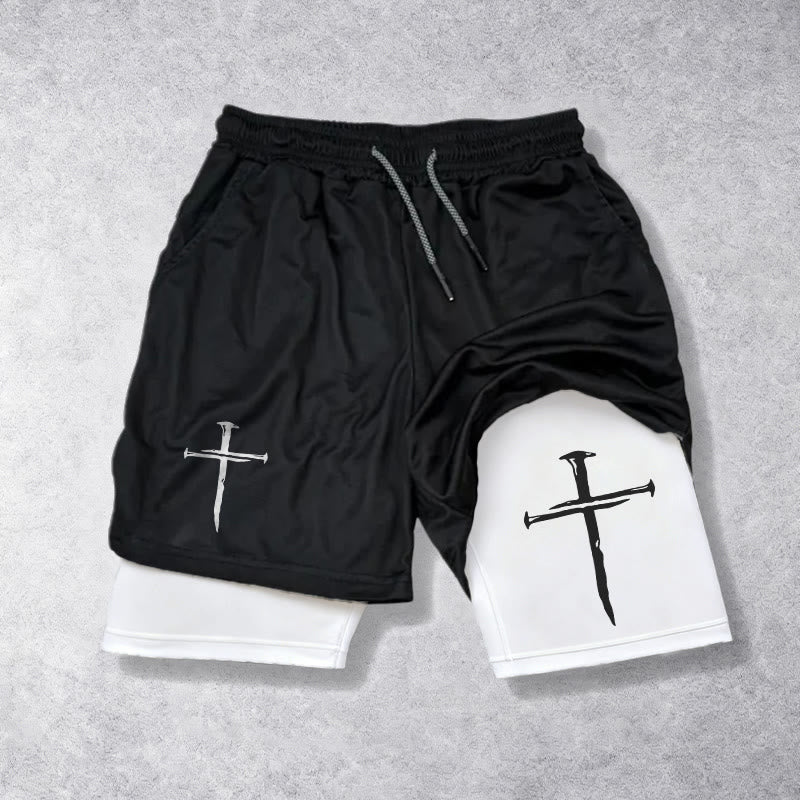 Christianartworkshop Short de sport à double couche avec cordon de serrage et motif croix minimaliste. - Blanc - 3XL - image 0