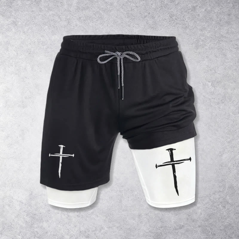 Christianartworkshop Short de sport à double couche avec cordon de serrage et motif croix minimaliste. - image 1