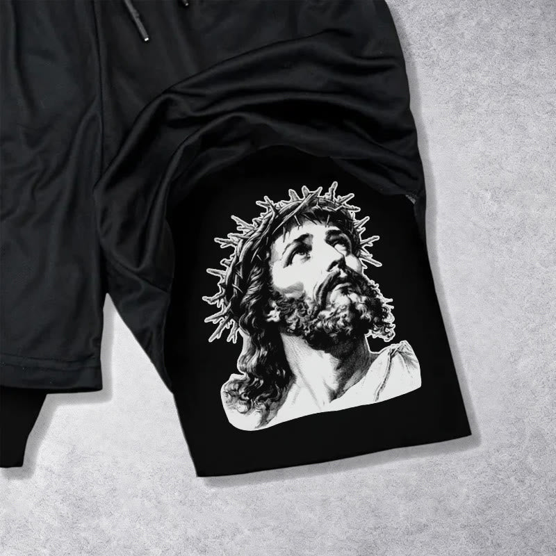 Christianartworkshop Dieu me protège. Short à cordon de serrage avec imprimé double motif Jésus et couronne d'épines. - image 12