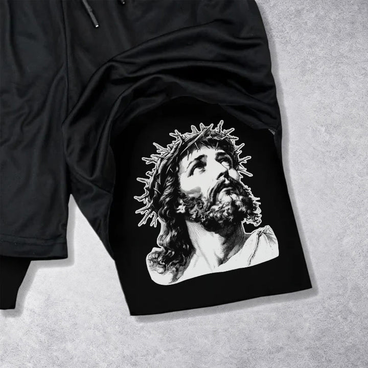 Christianartworkshop Dieu me protège. Short à cordon de serrage avec imprimé double motif Jésus et couronne d'épines. - image 12