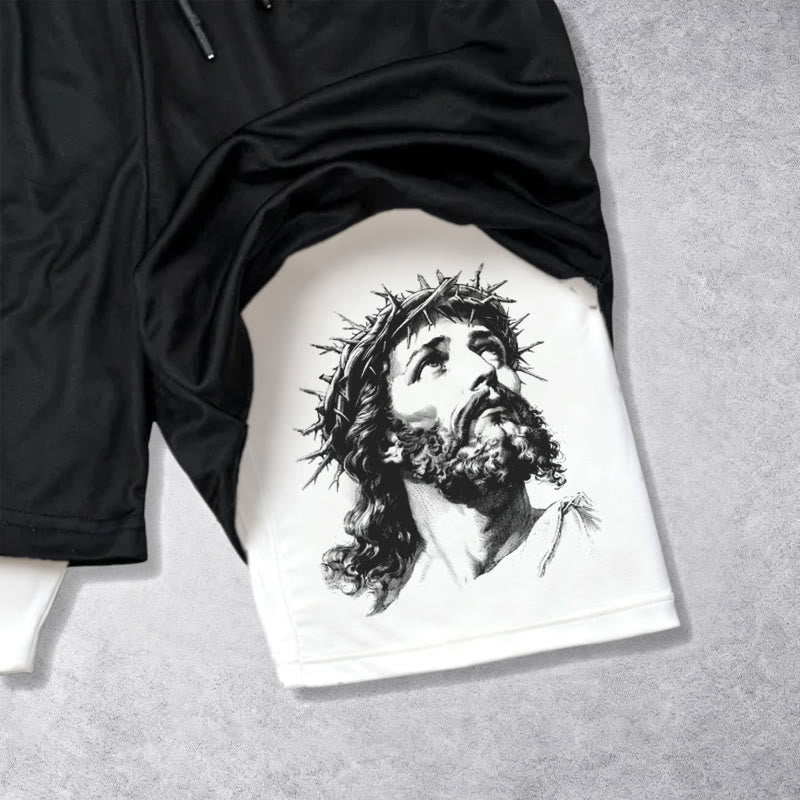Christianartworkshop Dieu me protège. Short à cordon de serrage avec imprimé double motif Jésus et couronne d'épines. - image 3