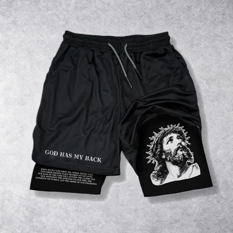 Christianartworkshop Dieu me protège. Short à cordon de serrage avec imprimé double motif Jésus et couronne d'épines. - Noir - 3XL - image 9