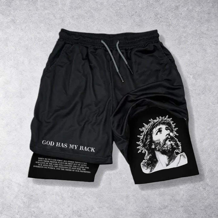 Christianartworkshop Dieu me protège. Short à cordon de serrage avec imprimé double motif Jésus et couronne d'épines. - Noir - 3XL - image 9