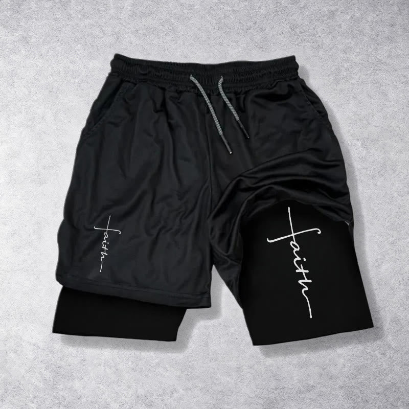 Christianartworkshop Short de sport à cordon de serrage double couche avec inscription cursive « Croix et Foi ». - Noir - 3XL - image 9