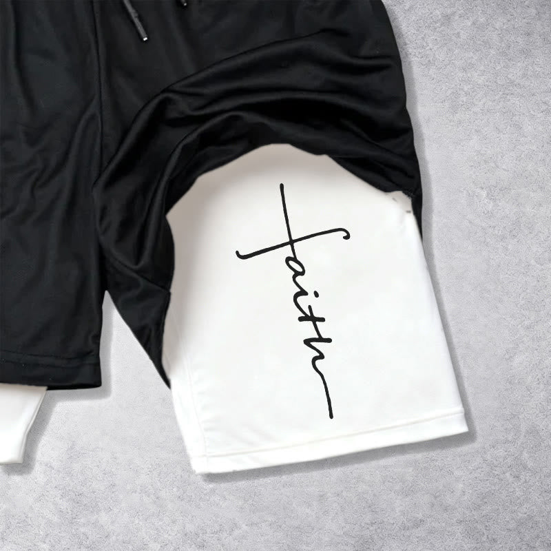 Christianartworkshop Short de sport à cordon de serrage double couche avec inscription cursive « Croix et Foi ». - image 3