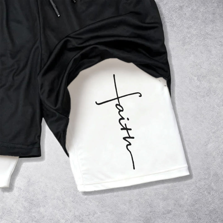 Christianartworkshop Short de sport à cordon de serrage double couche avec inscription cursive « Croix et Foi ». - image 3