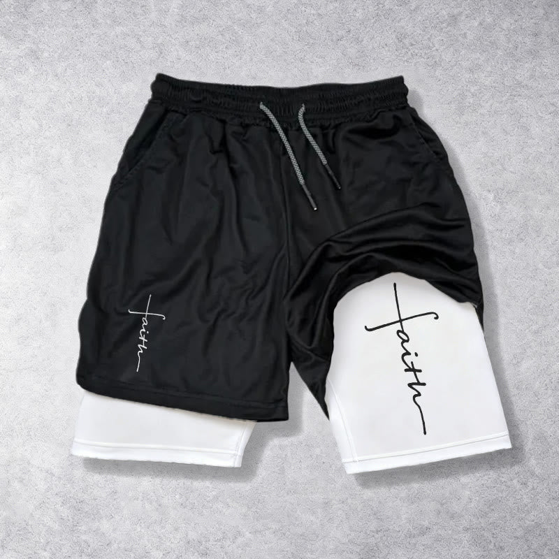 Christianartworkshop Short de sport à cordon de serrage double couche avec inscription cursive « Croix et Foi ». - Blanc - 3XL - image 0