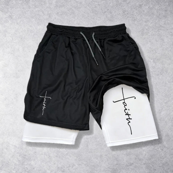 Christianartworkshop Short de sport à cordon de serrage double couche avec inscription cursive « Croix et Foi ». - Blanc - 3XL - image 0