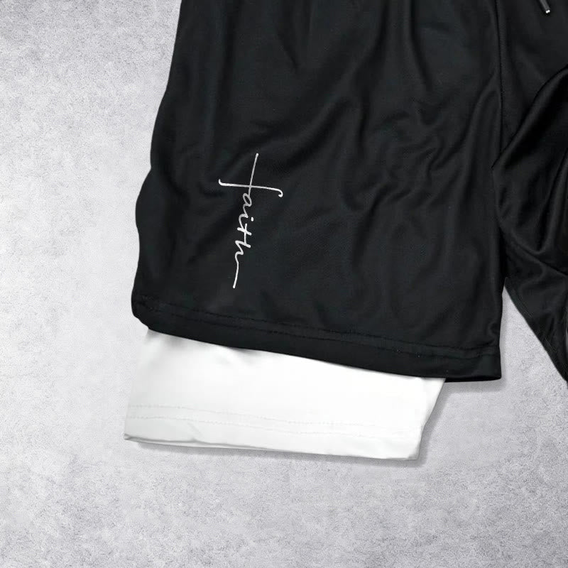 Christianartworkshop Short de sport à cordon de serrage double couche avec inscription cursive « Croix et Foi ». - image 2