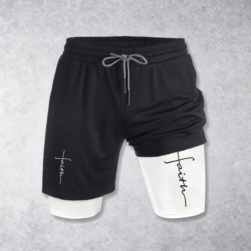 Christianartworkshop Short de sport à cordon de serrage double couche avec inscription cursive « Croix et Foi ». - image 1