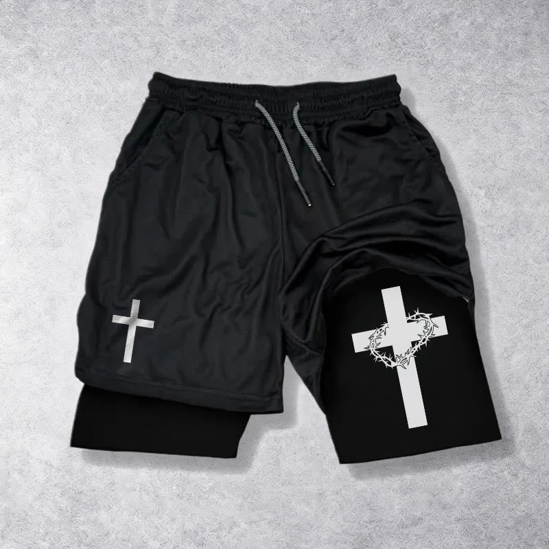 Christianartworkshop Short de sport à deux couches avec deux symboles de croix différents - Noir - 3XL - image 9