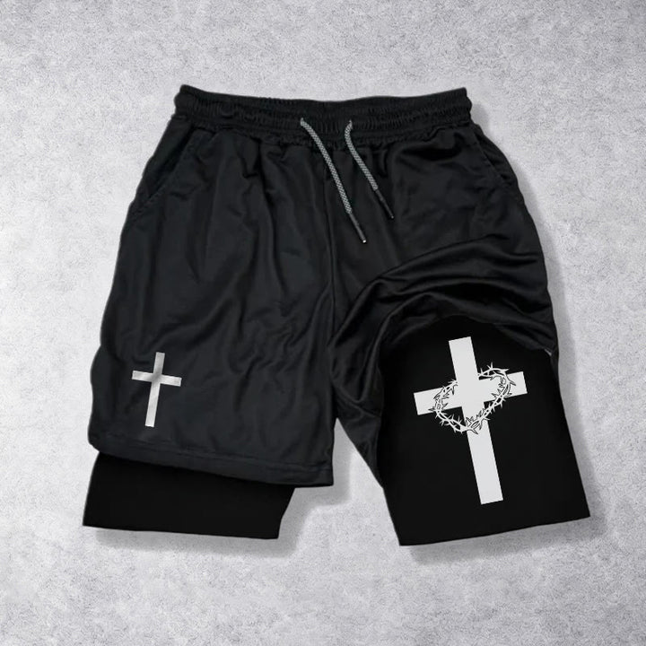 Christianartworkshop Short de sport à deux couches avec deux symboles de croix différents - Noir - 3XL - image 9