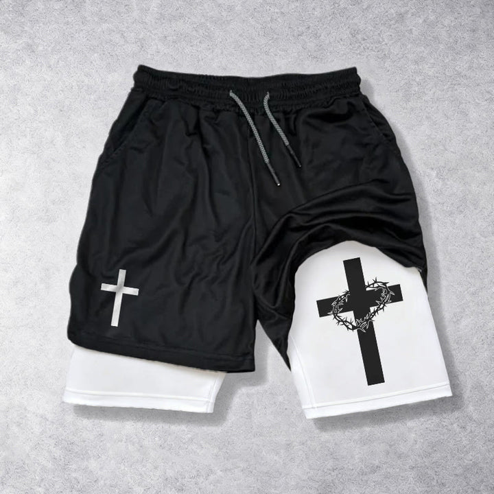 Christianartworkshop Short de sport à deux couches avec deux symboles de croix différents - Blanc - 3XL - image 0
