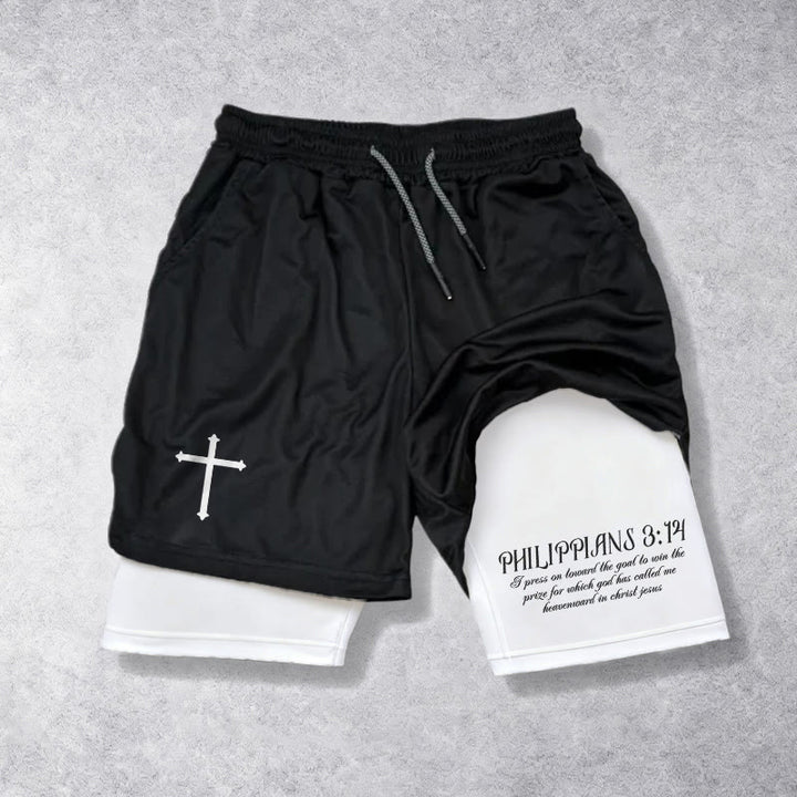 Christianartworkshop Short à cordon avec croix simple et verset cursif Philippiens 3:14 - Blanc - 3XL - image 0