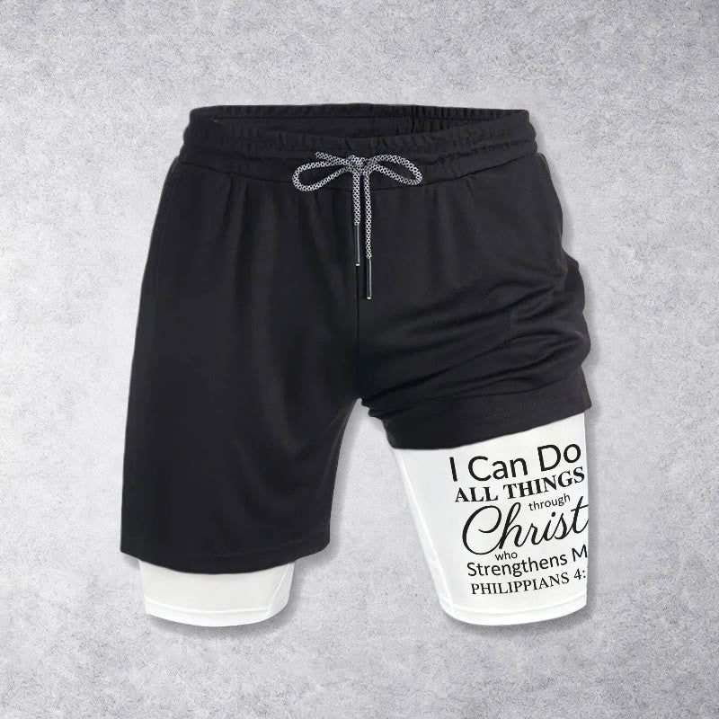 Christianartworkshop Short de sport intemporel à cordon de serrage double couche « Je peux tout faire par le Christ » avec verset complet - image 1