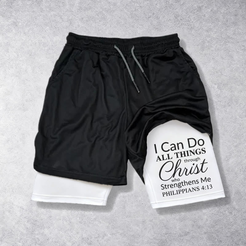 Christianartworkshop Short de sport intemporel à cordon de serrage double couche « Je peux tout faire par le Christ » avec verset complet - Blanc - 3XL - image 0