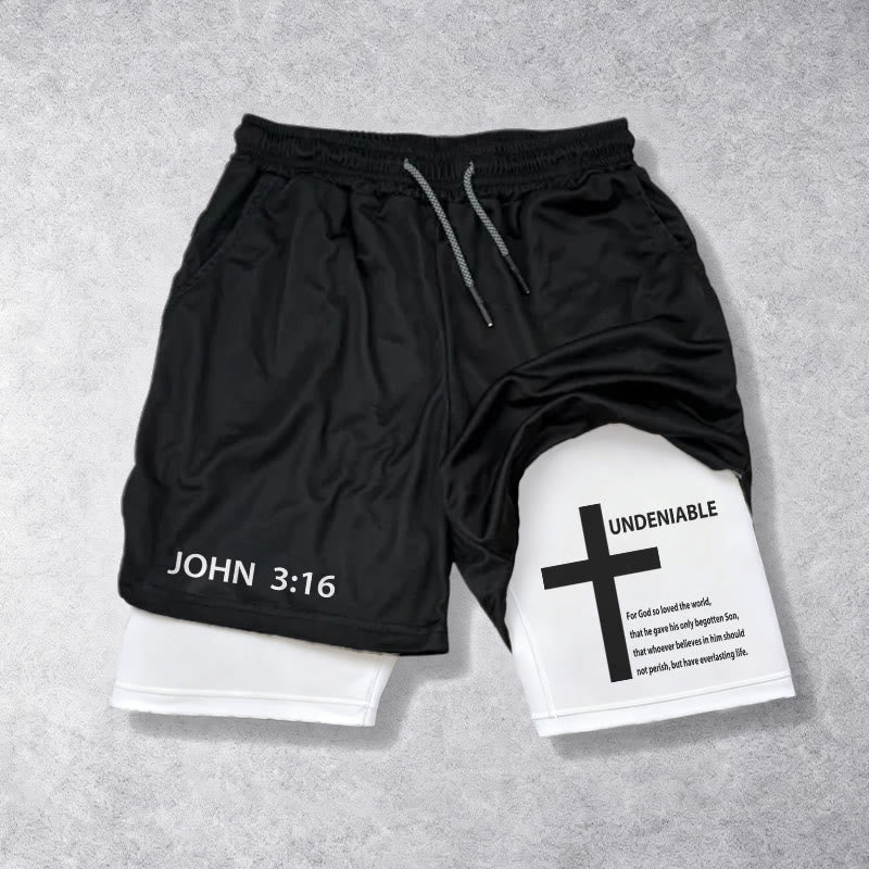 Christianartworkshop Jean 3:16 Croix indéniable extérieure Verset complet Short de foi à cordon de serrage intérieur à deux couches - Blanc - 3XL - image 0