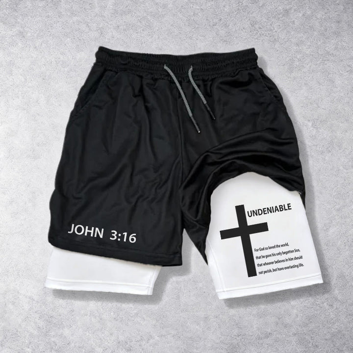 Christianartworkshop Jean 3:16 Croix indéniable extérieure Verset complet Short de foi à cordon de serrage intérieur à deux couches - Blanc - 3XL - image 0