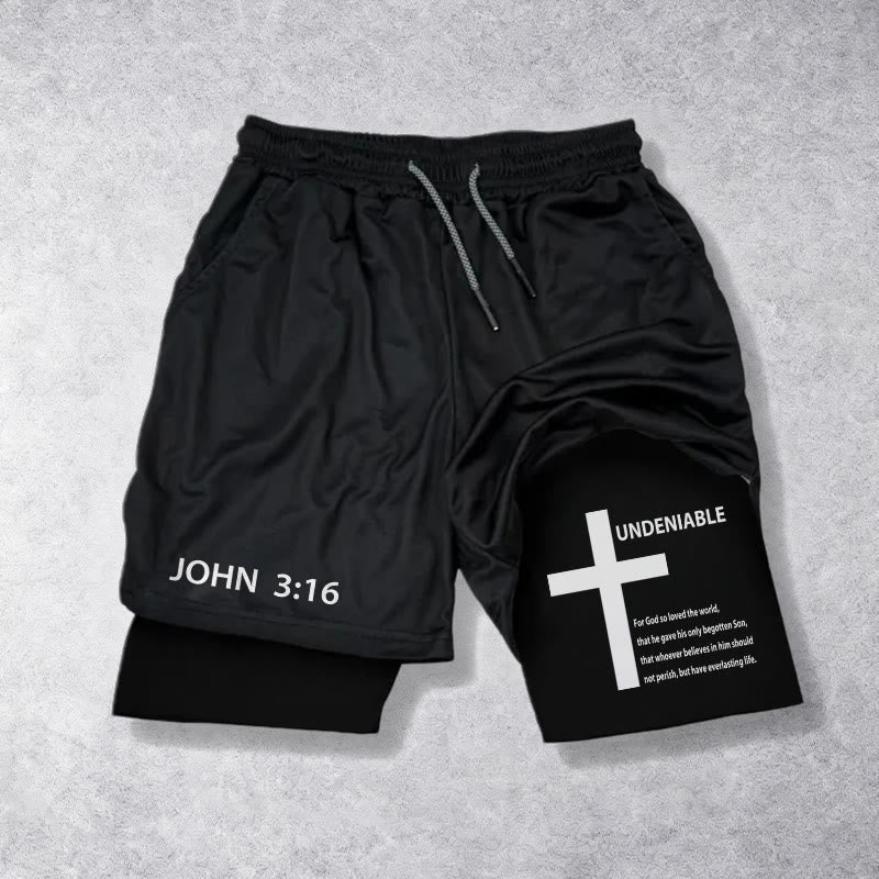 Christianartworkshop Jean 3:16 Croix indéniable extérieure Verset complet Short de foi à cordon de serrage intérieur à deux couches - Noir - 3XL - image 9
