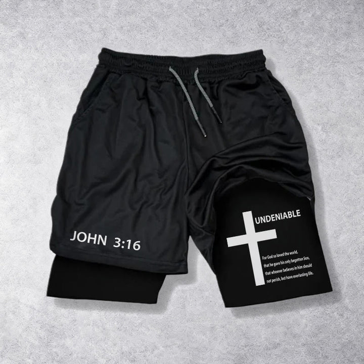 Christianartworkshop Jean 3:16 Croix indéniable extérieure Verset complet Short de foi à cordon de serrage intérieur à deux couches - Noir - 3XL - image 9