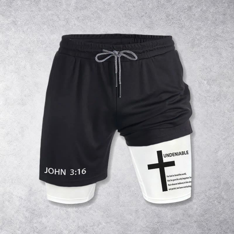 Christianartworkshop Jean 3:16 Croix indéniable extérieure Verset complet Short de foi à cordon de serrage intérieur à deux couches - image 1