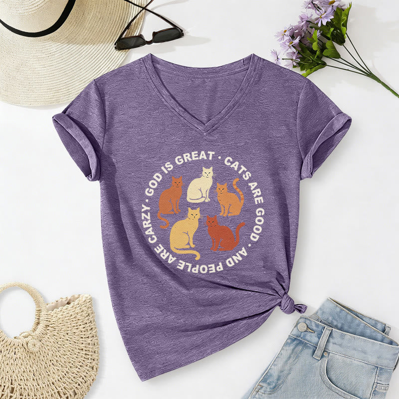 Christianartworkshop T-shirt décontracté à col en V avec slogan circulaire humoristique pour amoureux des chats chrétiens, imprimé chatons multicolores, style décontracté - Violet - 2XL - image 0