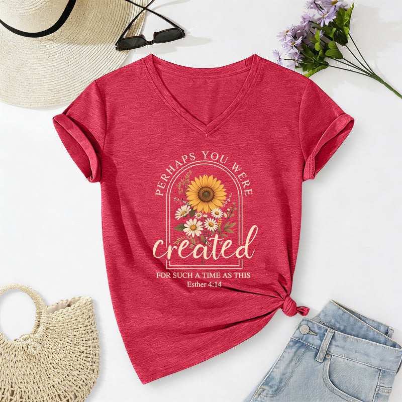 Christianartworkshop T-shirt vintage à col en V avec motif tournesol et marguerites, citation biblique d'Esther 4:14 - Rouge - 2XL - image 0