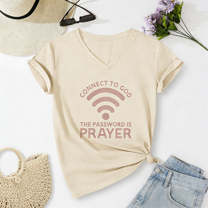 Christianartworkshop T-shirt décontracté à col en V avec le symbole Wi-Fi « Se connecter à Dieu » et le mot de passe « Prière ». - Beige - 2XL - image 2