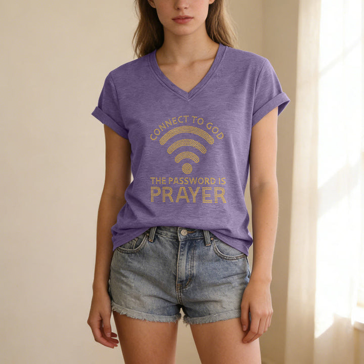 Christianartworkshop T-shirt décontracté à col en V avec le symbole Wi-Fi « Se connecter à Dieu » et le mot de passe « Prière ». - image 7