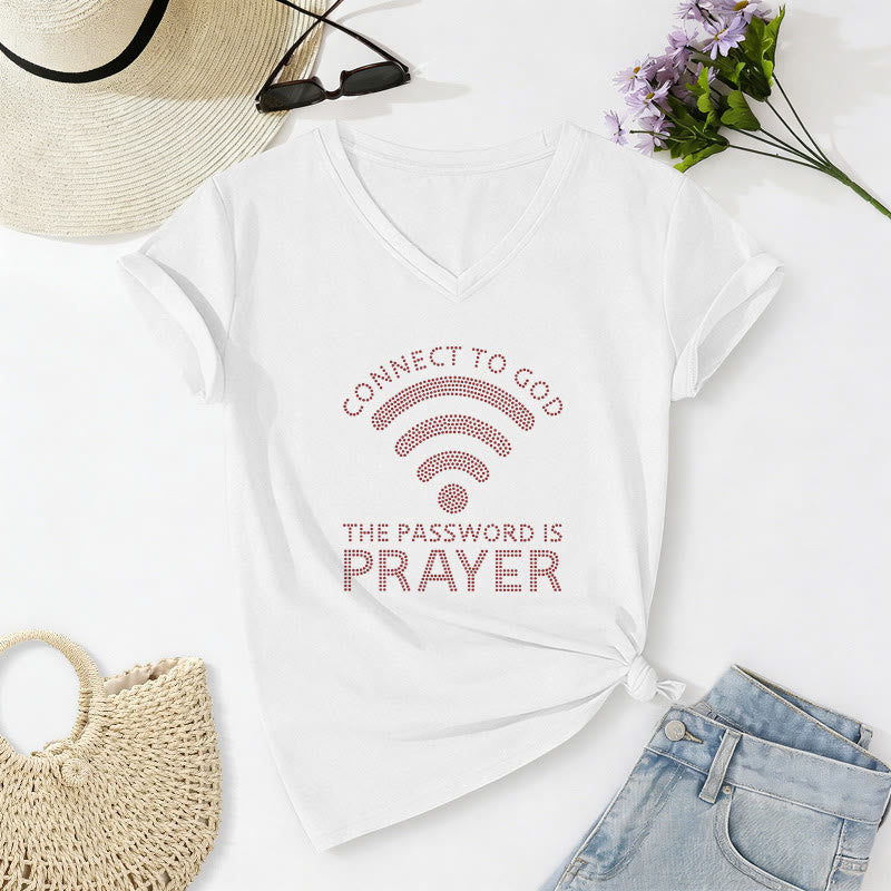 Christianartworkshop T-shirt décontracté à col en V avec le symbole Wi-Fi « Se connecter à Dieu » et le mot de passe « Prière ». - Blanc - 2XL - image 20
