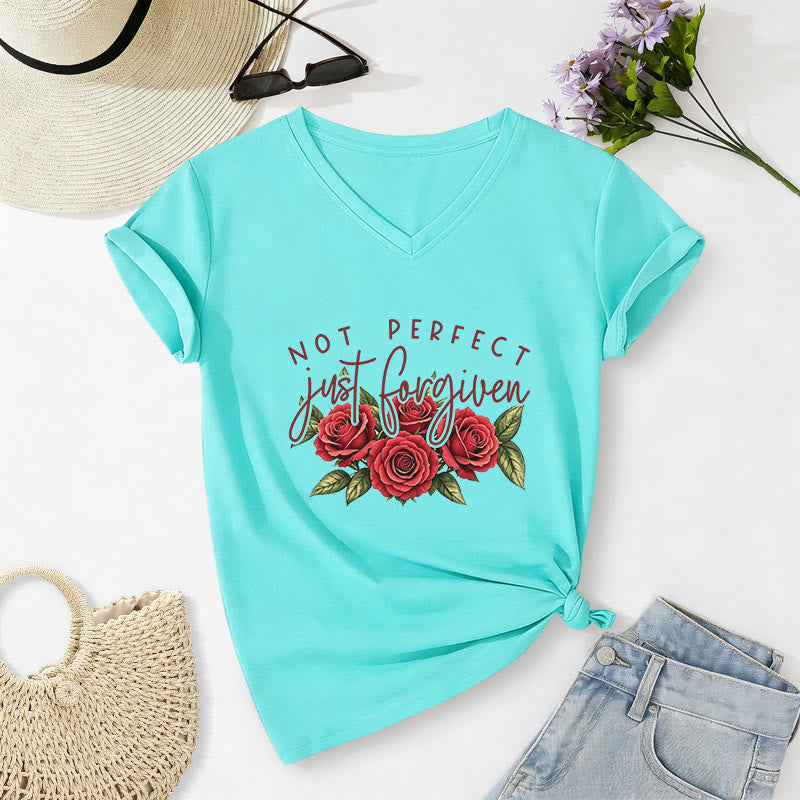 Christianartworkshop T-shirt décontracté à col en V avec motif floral « Pas parfait, juste pardonné » et bouquet de roses rouges à double police. - Bleu ciel - 2XL - image 22