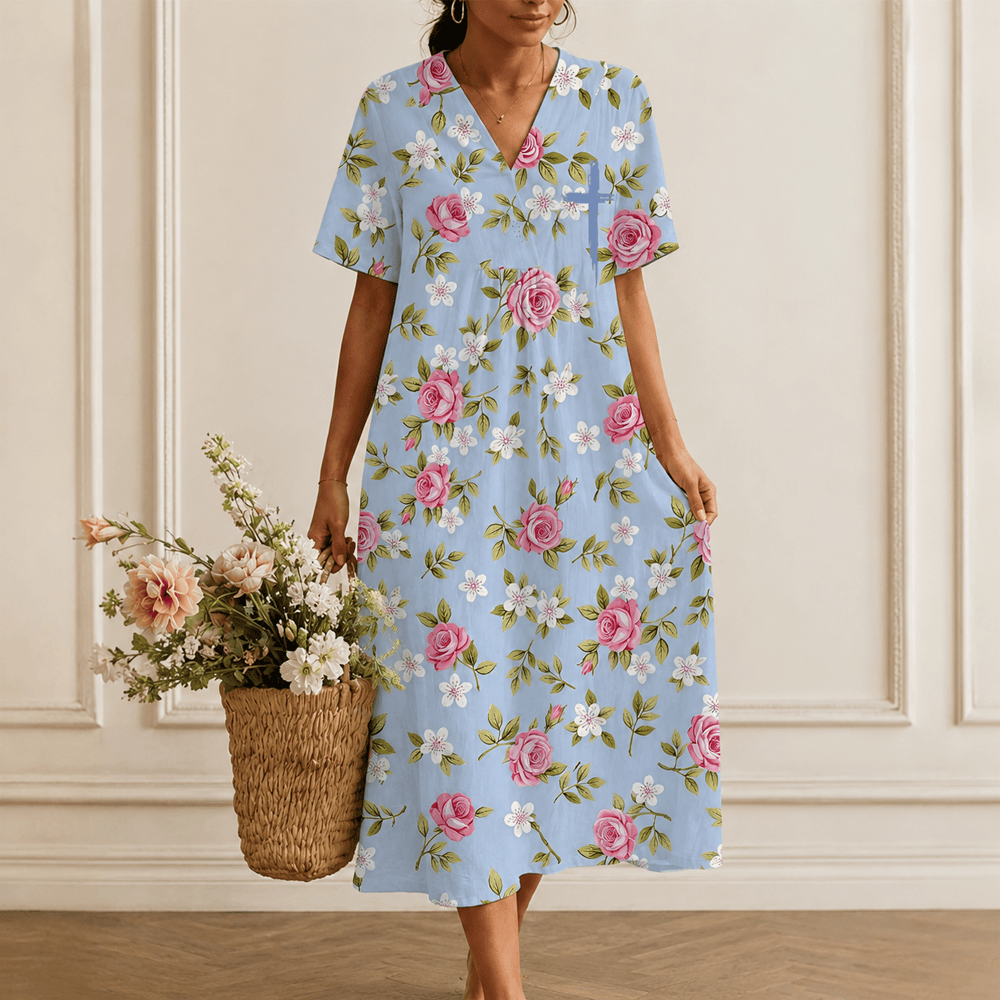 Christianartworkshop Robe midi d'été oversize à imprimé floral et col croisé, manches courtes - image 0