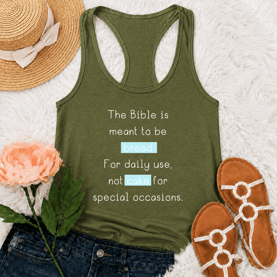 Christianartworkshop Matthieu 4:4 Débardeur dos nageur avec citation biblique quotidienne sur la foi, motif pain et gâteau. - Vert armée - 2XL - image 18