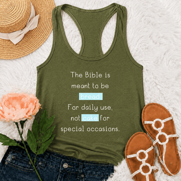 Christianartworkshop Matthieu 4:4 Débardeur dos nageur avec citation biblique quotidienne sur la foi, motif pain et gâteau. - Vert armée - 2XL - image 18
