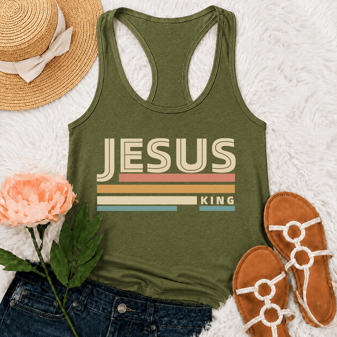 Christianartworkshop Débardeur dos nageur à rayures multicolores rétro avec motif Jésus King et police audacieuse vintage - Vert armée - 2XL - image 0