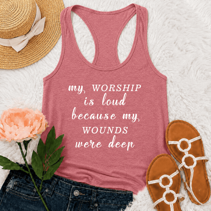 Christianartworkshop Mon adoration est bruyante car mes blessures étaient profondes. Débardeur dos nageur avec texte inspirant en police mixte. - Rose - 2XL - image 27