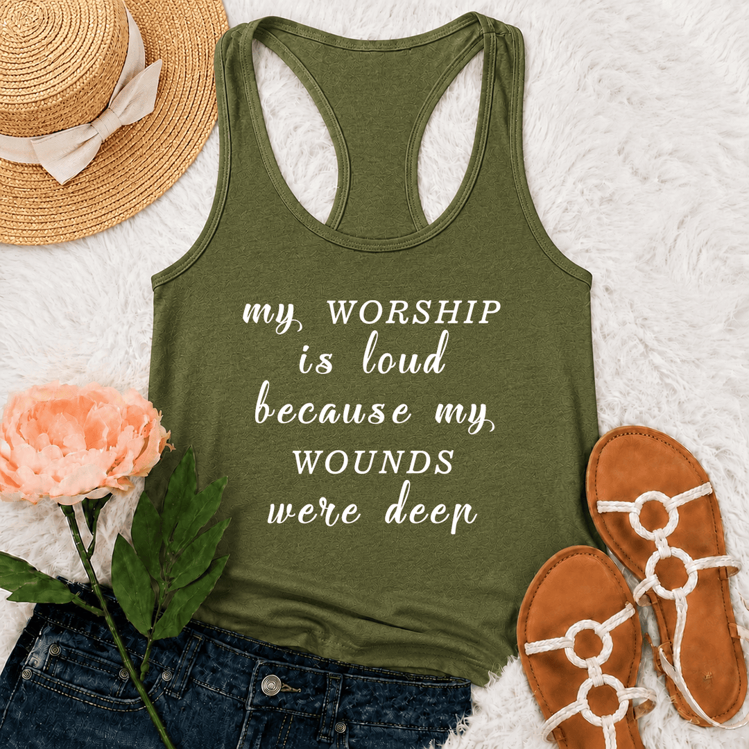 Christianartworkshop Mon adoration est bruyante car mes blessures étaient profondes. Débardeur dos nageur avec texte inspirant en police mixte. - Vert armée - 2XL - image 15