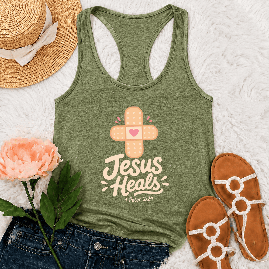 Christianartworkshop Débardeur dos nageur avec motif de cœur et de croix guérissante, inspiré de 1 Pierre 2:24 - Vert olive - 2XL - image 24