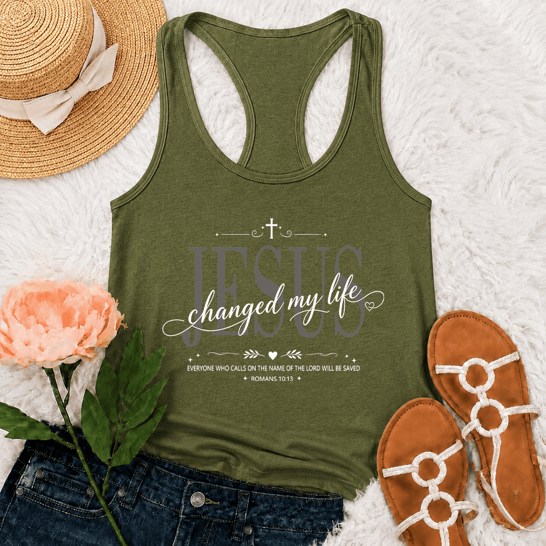 Christianartworkshop Débardeur dos nageur avec croix, cœur et inscription « Jésus a changé ma vie » (double police, Romains 10:13). - Vert armée - 2XL - image 21