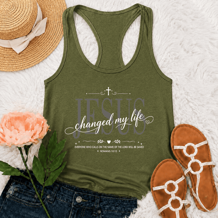 Christianartworkshop Débardeur dos nageur avec croix, cœur et inscription « Jésus a changé ma vie » (double police, Romains 10:13). - Vert armée - 2XL - image 21