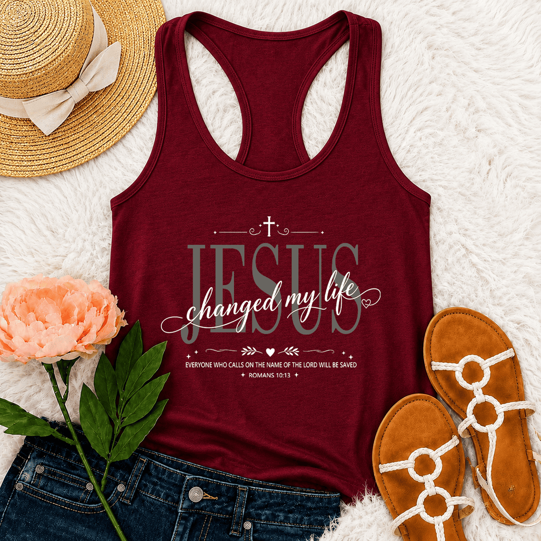 Christianartworkshop Débardeur dos nageur avec croix, cœur et inscription « Jésus a changé ma vie » (double police, Romains 10:13). - Vin - 2XL - image 9