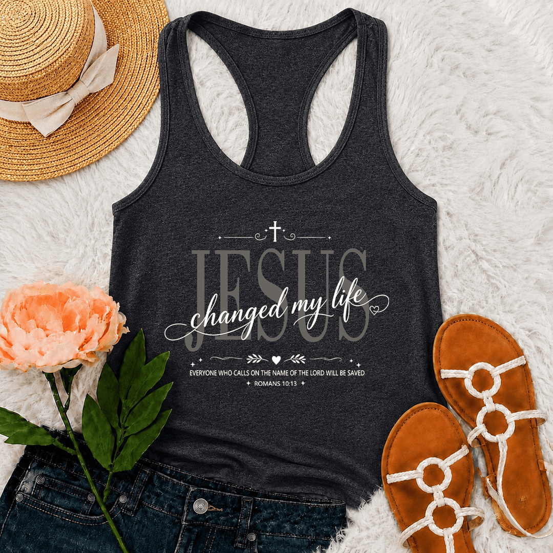 Christianartworkshop Débardeur dos nageur avec croix, cœur et inscription « Jésus a changé ma vie » (double police, Romains 10:13). - Gris - 2XL - image 15